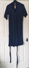 Next Wrap Midi Dress Size 18 Navy Blue Ruffle /Frill Hem Linen Blend