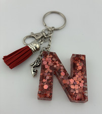Handmade Epoxy Resin Letter N Keychain Red Gl...