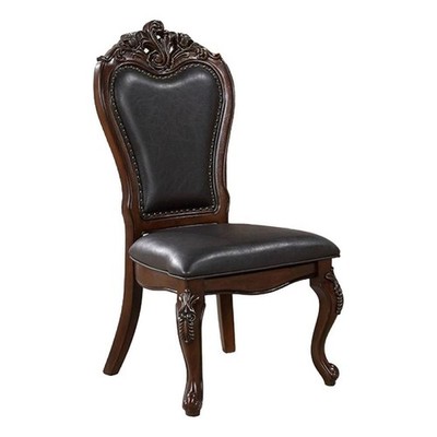 Pemberly Row Set of 2 Carved Side Dining Chairs w/ Faux Leather in Cherry Brown
