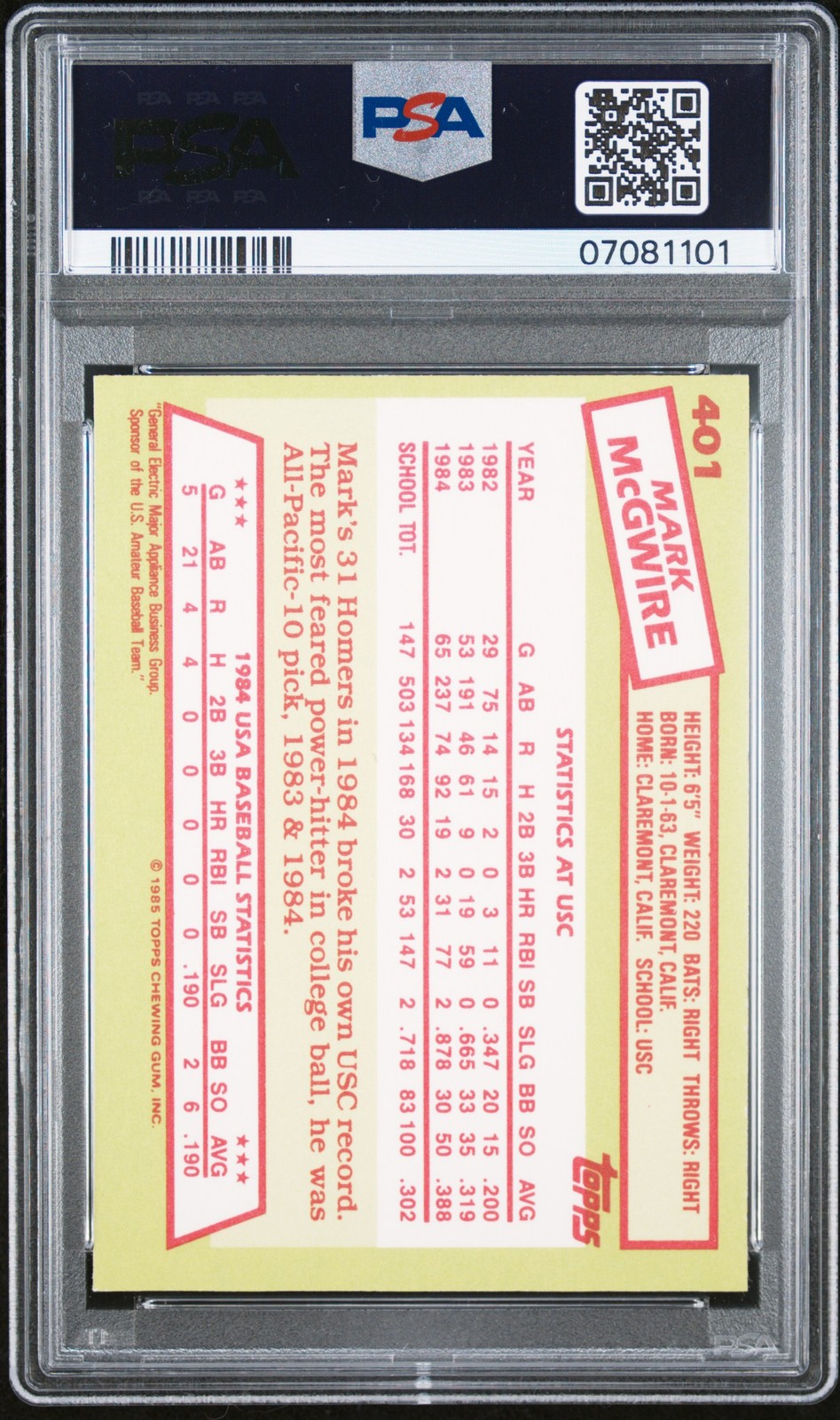 1985 TOPPS TIFFANY 84 USA BASEBALL TEAM #401 MARK MCGWIRE ROOKIE RC PSA 9 view 2
