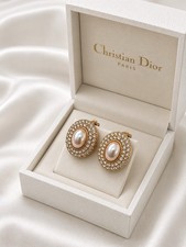 Vintage CHRISTIAN DIOR Gold Plated Pearl Cabochon & Crystal Set Clip Earrings