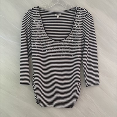 Cache M White/Blue/Metallic Striped Rhinestone Scoop Neck 3/4 Sleeve Top**Read**