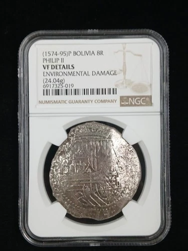 Shipwreck Recovered 1574-1595 Philip II 8 Reales NGC VF Bolivia 8r