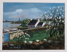 Gouache paysage Bretagne sud - signé Bruno Richard - peinture fonds d'atelier