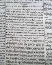 CAPTURE OF SANTA ANNA Battle of San Jacinto Texas Revolution 1836 old Newspaper