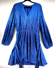 Bardot Dress Womens M Blue Metallic Pleated Wrap Long Sleeve Mini party Club
