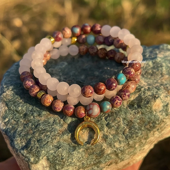 玫瑰石英 108 马拉珠手链祈祷月亮小饰品项链治疗礼物 — 第 4/4 张图片