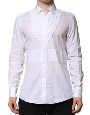 Dolce & Gabbana White Cotton Ruffled Detailing Formal Men's Shirt Authentic