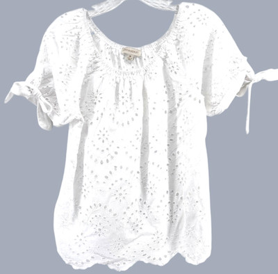 Cynthia Rowley White Eyelet  Peasant Top Sz M Cotton Boho Cottagecore Prairie