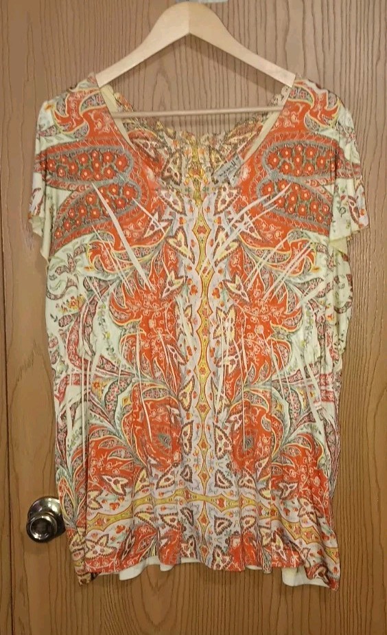 One World Short Sleeve Blouse Womens Size 2XL Orange And Yellow Paisley...