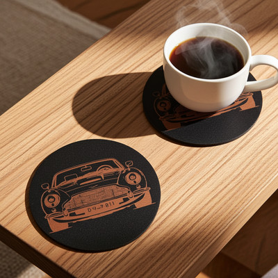6er Set Auto Motiv Runde Holz Getränk Untersetzer, Schwarz Platte Holz + Stoßstangen Füße.