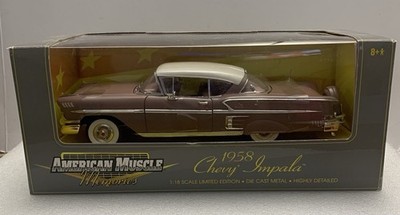  1958 Chevy Impala, featured in a mauve or rose-pink color with a white roof