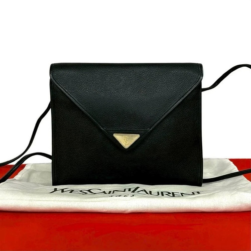 Yves Saint Laurent YSL Logo Gold Hardware Leather Shoulder Bag Black Auth