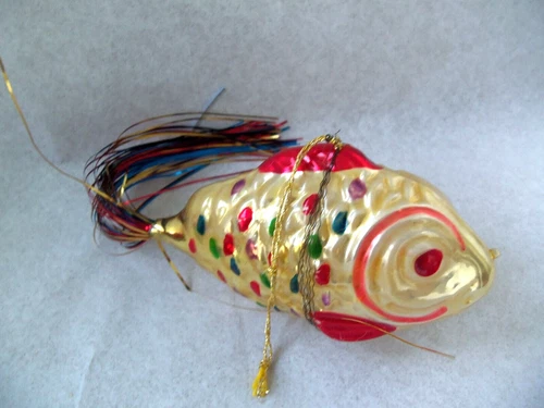 Vtg Tropical Gold Fish Tinsel Tail Glass Christmas Ornament! COLORFUL!  8" WIDE!