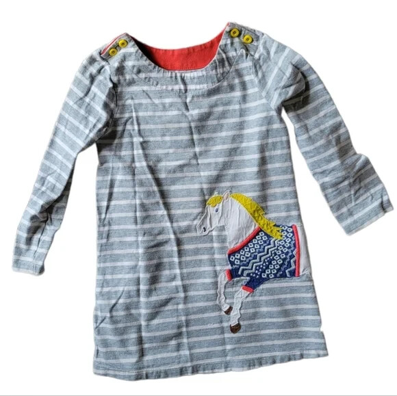 Mini Boden Girls Dress Horse Applique Long Sleeve Boat Neck 3-4