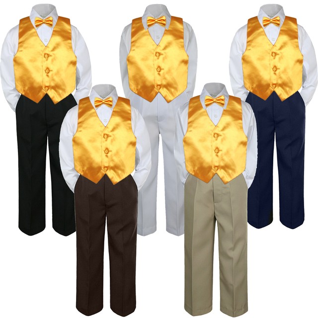 4pc Boys Suit Set Yellow Bow Tie Vest Baby Toddlers Kids Pants S7