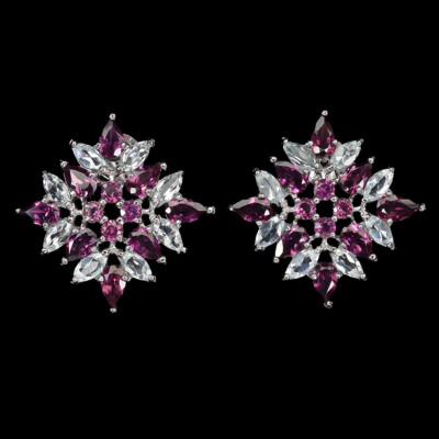 Valentine 925 Silver Earrings Pear Rhodolite Garnet Aquamarine Gemstone Jewelry