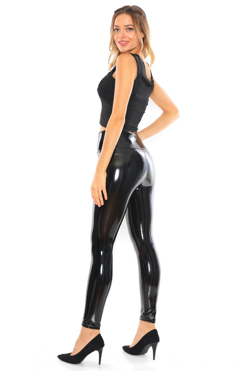 Women's High Waist Lycra Patent Leather Shiny Black Leggings