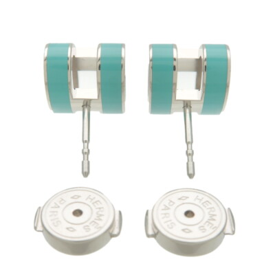 Authentic HERMES Pop Ash H Logo Earrings Metal Blue Silver
