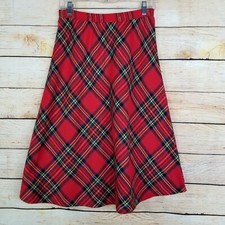 Vtg Eccobay Pleated Red Wool Blend Pull On Skirt S M Plaid Modest School Girl