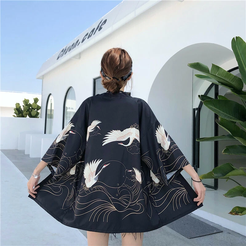 Lady Kimono Cardigan Japanese Loose Coat Yukata Crane Print Jacket