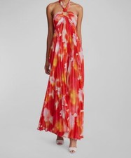 $1095 Halston Women's Red Cutout Chiffon Halter Gown Dress Size 8