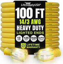 Lifesupplyusa 100Ft Outdoor/Indoor Extension Cord 14/3 Gauge Heavy Duty 3 Prong