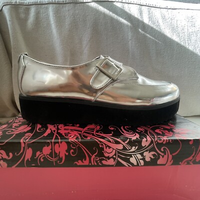Qupid Cool Shiny Silver Platform Creeper Buckle Oxford Shoes Women s Sz 8 (0065)