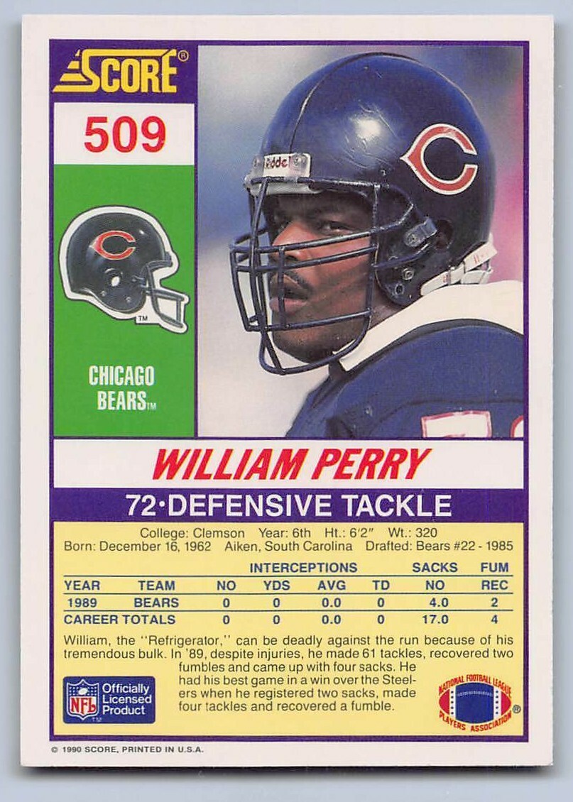 1990 WILLIAM PERRY - SCORE Football Card # 509 - CHICAGO BEARS