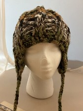 Screamer Knit Beanie Hat Pompom Ear Flap Ties Brown Green Fleece Lined Inner Rim
