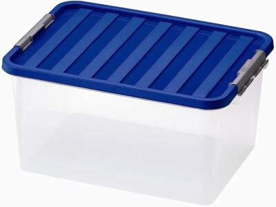12x HEIDRUN Clipbox mit Deckel (transp/blau) + Verschlüssen, 38 L, 52x36,5x26cm