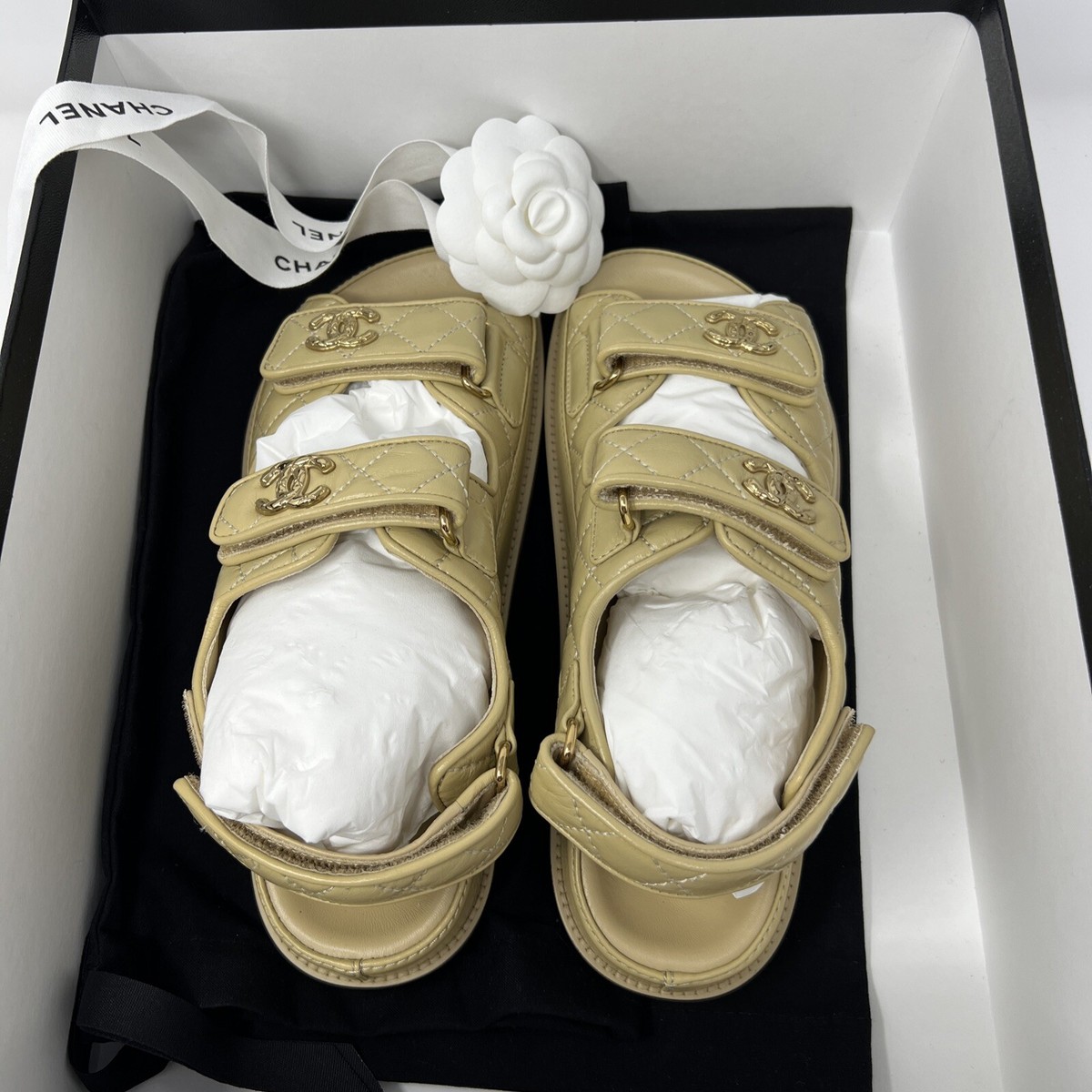 NIB CHANEL Beige Lambskin CC Logo Dad Sandals Box Dustbag NIB CHANEL Beige Lambskin CC Logo Dad Sandals Box Dustbag