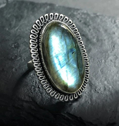 Vintage Estate LARGE BLUE FIRE LABRADORITE- MOONSTONE Cab Elongated Silver Ring