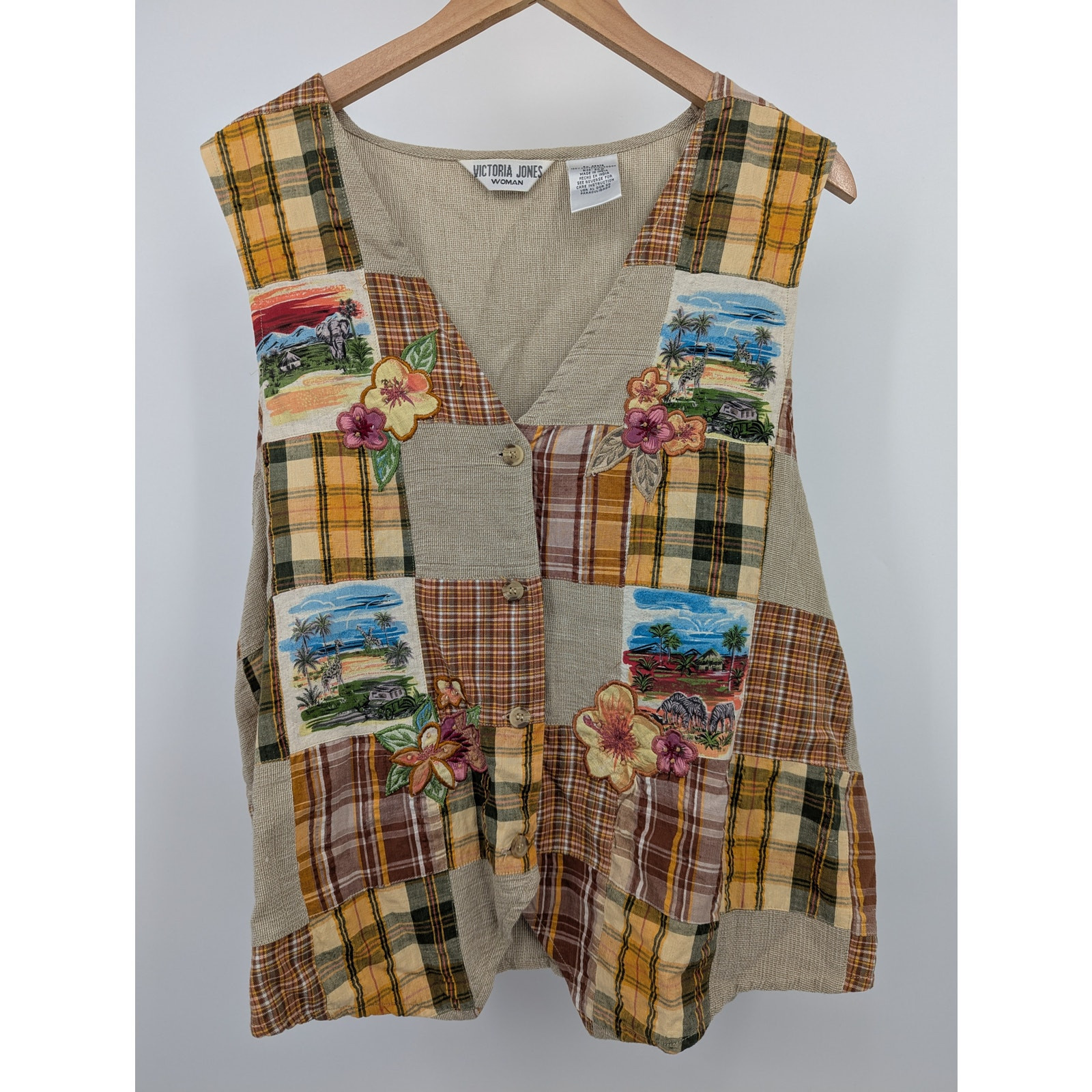 Vintage Burlap Safari Plaid Cotton Vest Size 20W by Victoria Jones