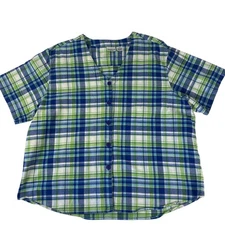 Carolina Colours Shirt Top Women's Plus 24W Green Blue Plaid Short Sleeve Button