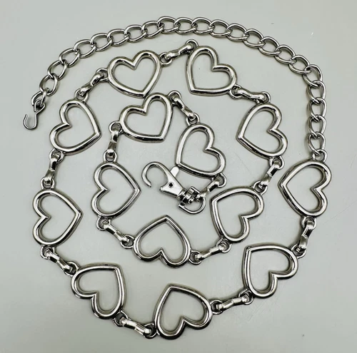 Vintage Boho Silver Toned Metal Heart Link Chain Hip Belt Adjustable 80’s