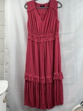 Tahari Dress Cranberry Red Maxi Sleeveless Large Bohemian Gathered Satin Summer