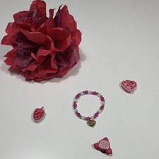 Pink & White Beaded Stretch Bracelet Gold Ton...