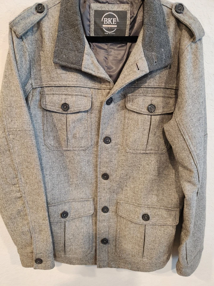 BKE Wool Blend Field Jacket Mens Large Gray Button Front Military Utility... - Image 3 of 4