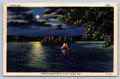 Vintage Mont Alto PA Moonlight Lake Sailboat Linen Postcard 1947