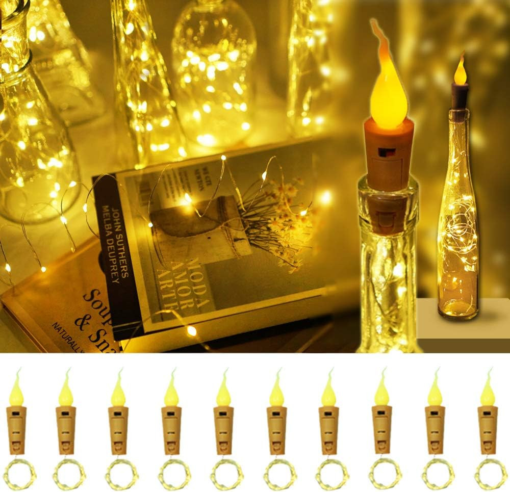 Wine Bottle Lights with Candle Flame, 10 Pack 20 LED Flamele