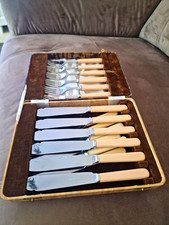 Vintage/Retro 18pc Stainless Steel Knife & Fork Set w/ Case Beige Handles
