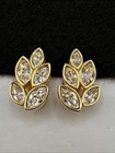 Vintage Swarovski Swan Signed Crystal Leaf Earrings Gold Tone Clip On — photo 6
