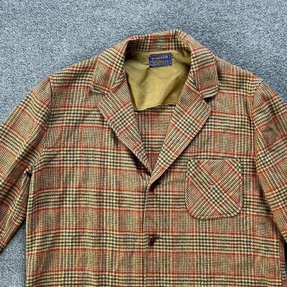 Jaqueta Pendleton Masculina Vintage Grande Lã Glen Xadrez Tweed Bolsos Remendo Vermelho - Imagem 2 de 4