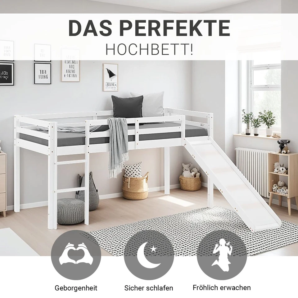 Lit Enfant Mezzanine Jeux Superposé Blanc en Bois 90x200 cm Toboggan Homestyle4u - Photo 4/4