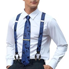 Men's Suspenders and Tie Set Silk Adjustable Elastic Y Black and Navy Blue