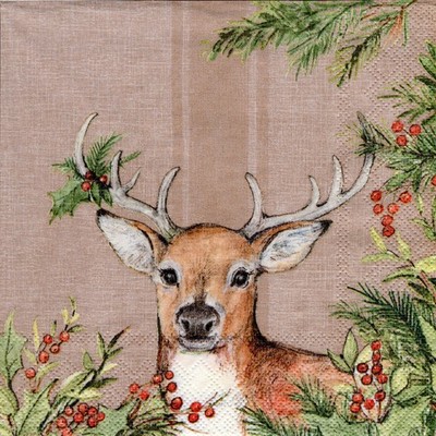 3 Servietten ~ Winter, Tiere, Hirsche, Tannenzweige, Beeren, Susan Winget ~33x33