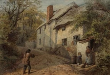 British Victorian School Pair Watercolours c1860 Figures by Cottages Monogramd