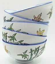 White Embossed Bamboo & Butterfly Set of 5 Footed Rice Bowls Blue Rim Japan 4.5"