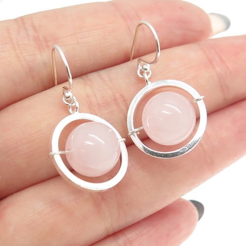 925 Sterling Silver Real Rose Quartz Saturn Dangling Earrings